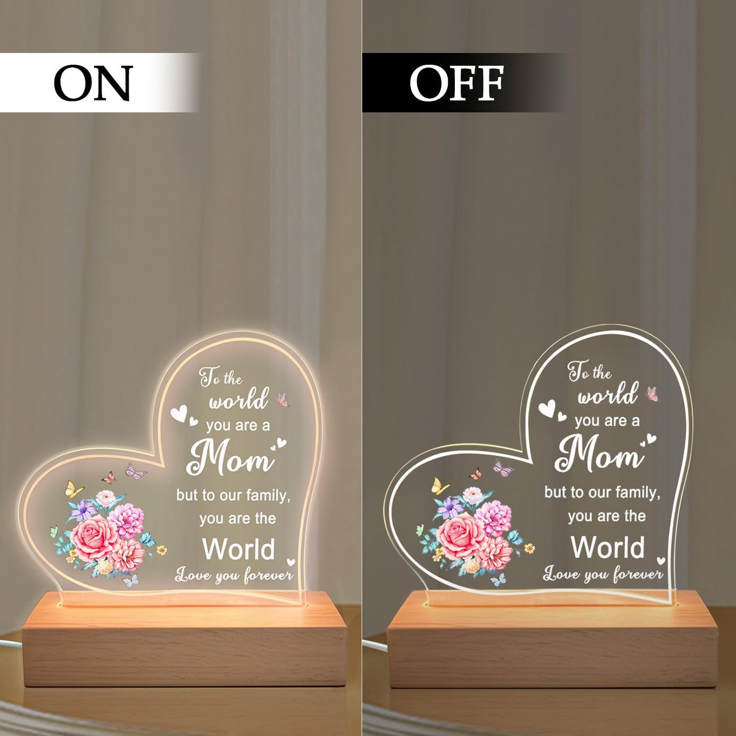 Lifnatty Mother Day Birthday Gifts for Mom, Mom Gifts for Mothers Day - Acrylic Heart Shape Night Light with Wood Base, Mother Birthday Gift from Son Daughter, USB Night Lamp for Bedroom