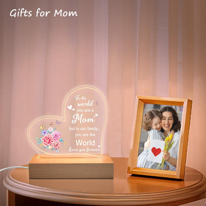 Lifnatty Mother Day Birthday Gifts for Mom, Mom Gifts for Mothers Day - Acrylic Heart Shape Night Light with Wood Base, Mother Birthday Gift from Son Daughter, USB Night Lamp for Bedroom
