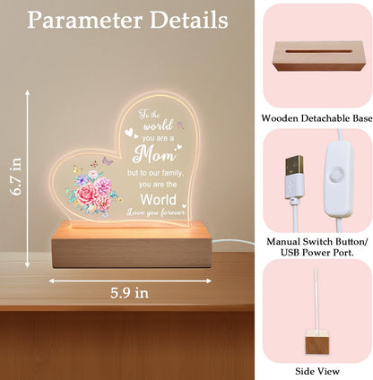 Lifnatty Mother Day Birthday Gifts for Mom, Mom Gifts for Mothers Day - Acrylic Heart Shape Night Light with Wood Base, Mother Birthday Gift from Son Daughter, USB Night Lamp for Bedroom