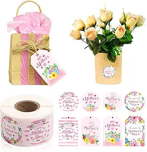 600PCS Happy Mother's Day Gift Tags and Stickers, 4 Styles Floral Hanging Labels with String 500PCS 1.5” Adhesive Labels for Mother's Day Business Personal Decorative Gift Wrapping
