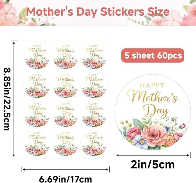 Joycraft 60-Piece Mother’s Day Label Set – Premium 2” Gold Rose Stickers for Gift Decoration, Crafting, Cards & Bakery Packaging