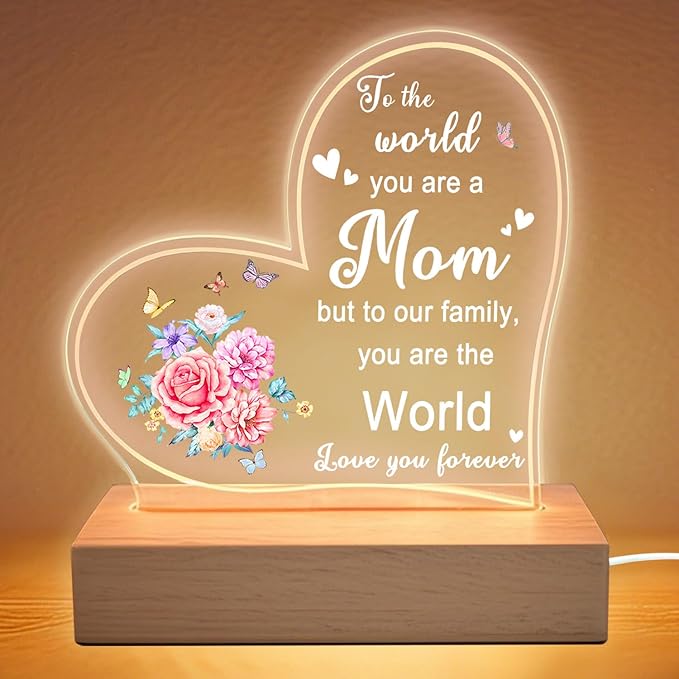 Lifnatty Mother Day Birthday Gifts for Mom, Mom Gifts for Mothers Day - Acrylic Heart Shape Night Light with Wood Base, Mother Birthday Gift from Son Daughter, USB Night Lamp for Bedroom