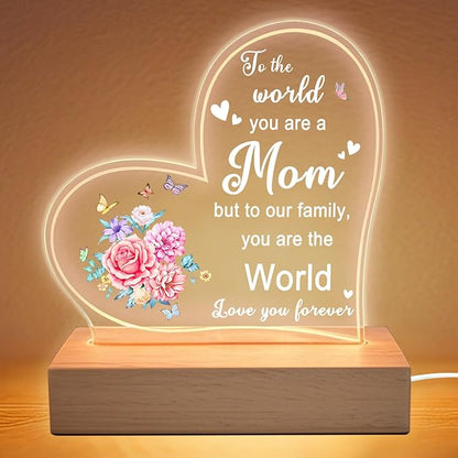 Lifnatty Mother Day Birthday Gifts for Mom, Mom Gifts for Mothers Day - Acrylic Heart Shape Night Light with Wood Base, Mother Birthday Gift from Son Daughter, USB Night Lamp for Bedroom