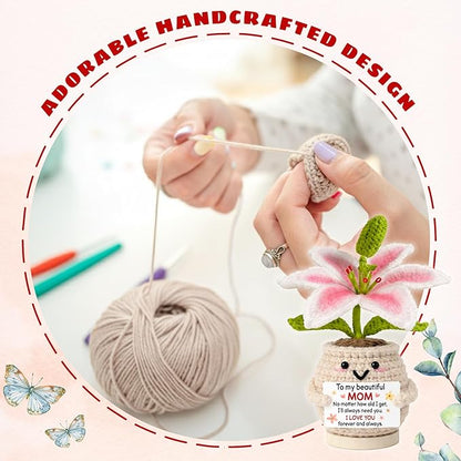 Gifts for Mom from Daughter Son - Cute Birthday, for Moms Mother Mama - 7.87'' x 2.76'' Knitted Positive Inspirational Pink Lilly Flowers Mom Crochet Doll