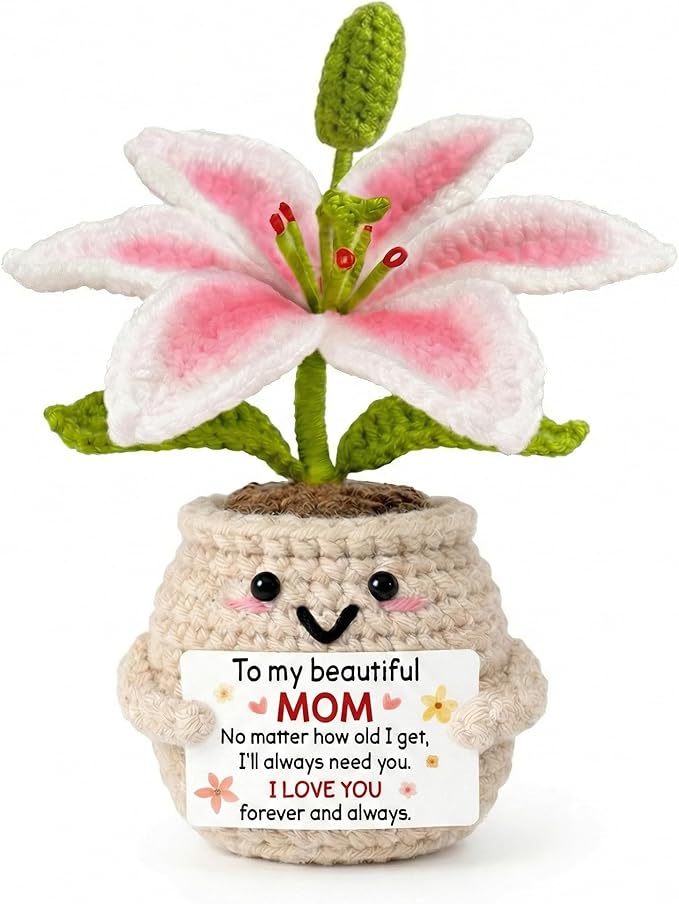 Gifts for Mom from Daughter Son - Cute Birthday, for Moms Mother Mama - 7.87'' x 2.76'' Knitted Positive Inspirational Pink Lilly Flowers Mom Crochet Doll
