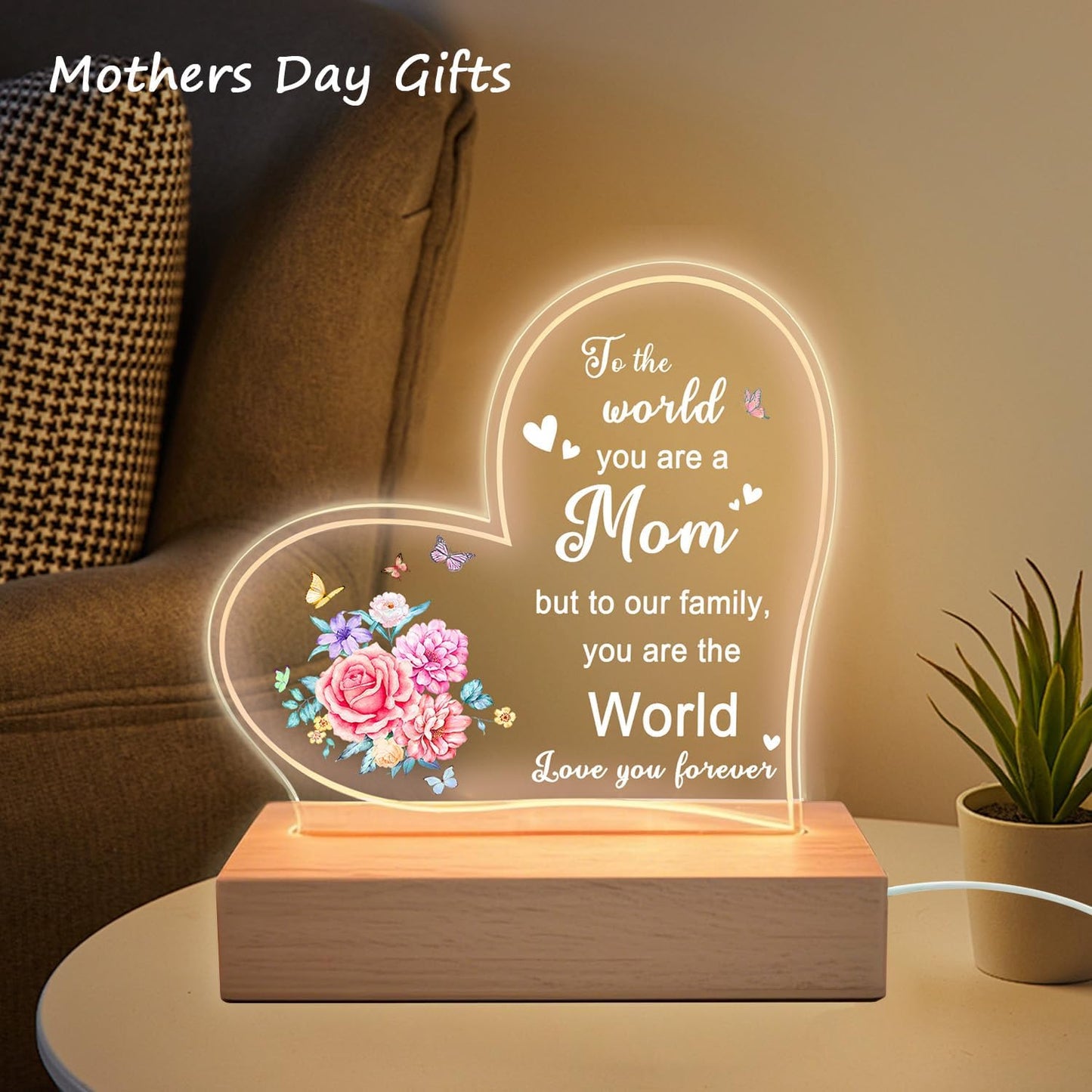 Lifnatty Mother Day Birthday Gifts for Mom, Mom Gifts for Mothers Day - Acrylic Heart Shape Night Light with Wood Base, Mother Birthday Gift from Son Daughter, USB Night Lamp for Bedroom