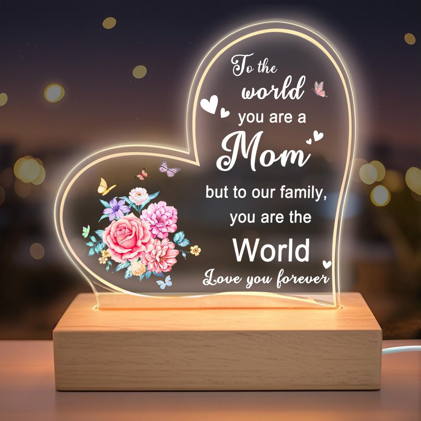 Lifnatty Mother Day Birthday Gifts for Mom, Mom Gifts for Mothers Day - Acrylic Heart Shape Night Light with Wood Base, Mother Birthday Gift from Son Daughter, USB Night Lamp for Bedroom