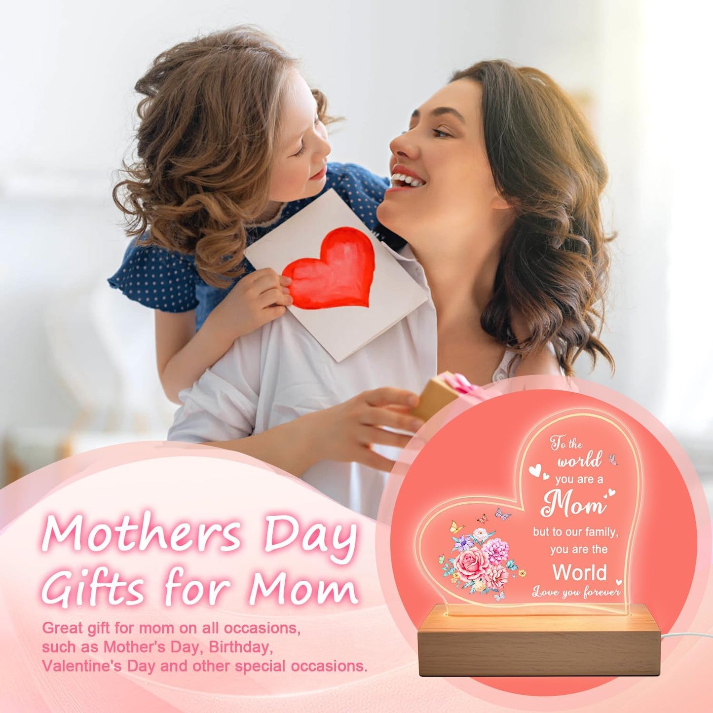 Lifnatty Mother Day Birthday Gifts for Mom, Mom Gifts for Mothers Day - Acrylic Heart Shape Night Light with Wood Base, Mother Birthday Gift from Son Daughter, USB Night Lamp for Bedroom