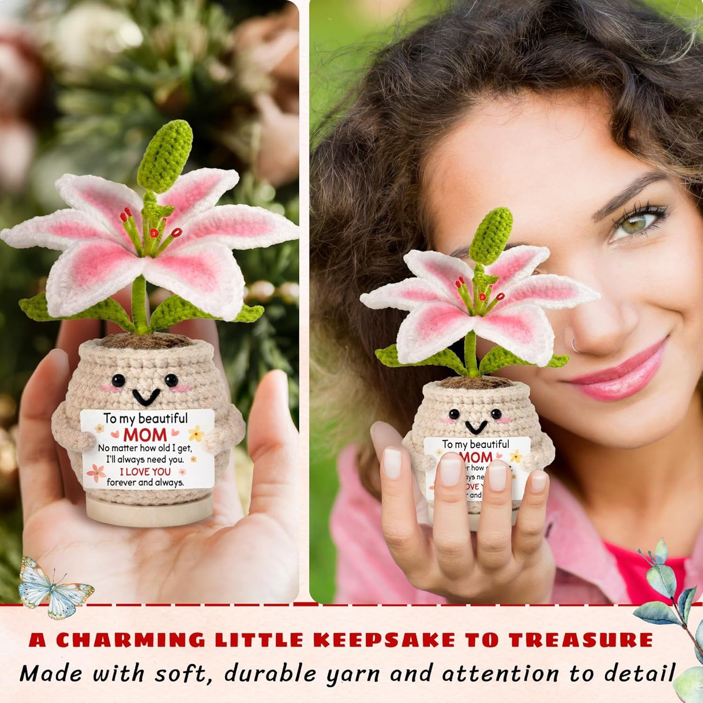 Gifts for Mom from Daughter Son - Cute Birthday, for Moms Mother Mama - 7.87'' x 2.76'' Knitted Positive Inspirational Pink Lilly Flowers Mom Crochet Doll