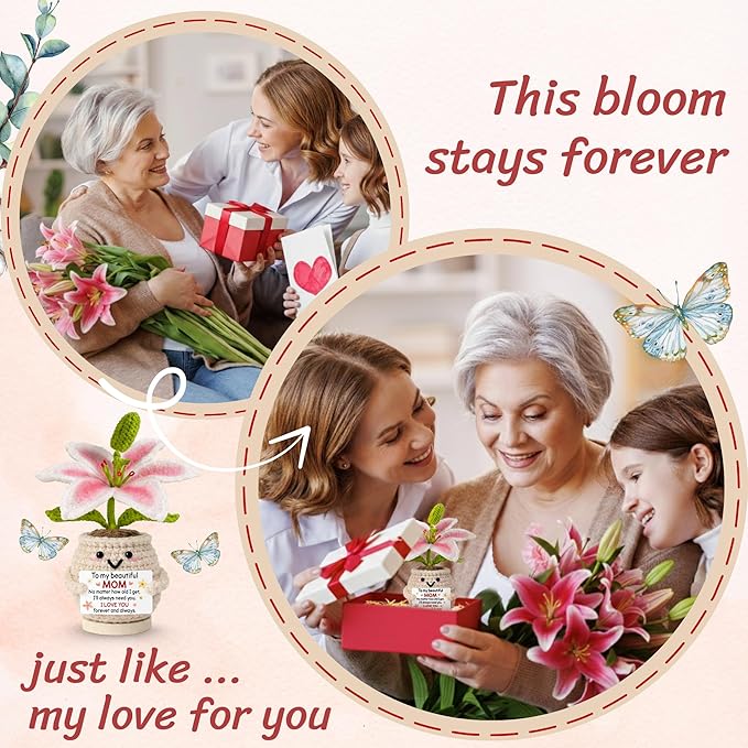 Gifts for Mom from Daughter Son - Cute Birthday, for Moms Mother Mama - 7.87'' x 2.76'' Knitted Positive Inspirational Pink Lilly Flowers Mom Crochet Doll