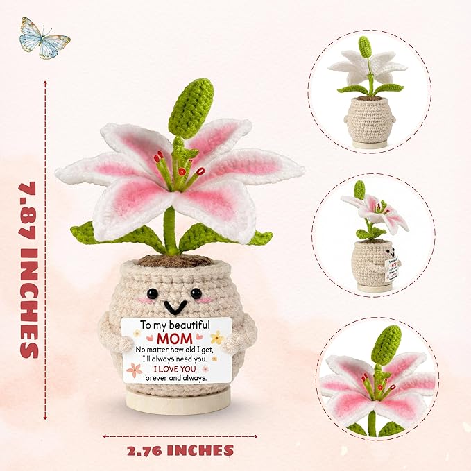 Gifts for Mom from Daughter Son - Cute Birthday, for Moms Mother Mama - 7.87'' x 2.76'' Knitted Positive Inspirational Pink Lilly Flowers Mom Crochet Doll