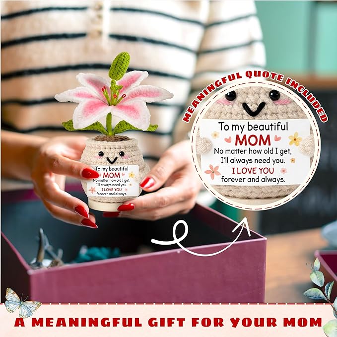 Gifts for Mom from Daughter Son - Cute Birthday, for Moms Mother Mama - 7.87'' x 2.76'' Knitted Positive Inspirational Pink Lilly Flowers Mom Crochet Doll