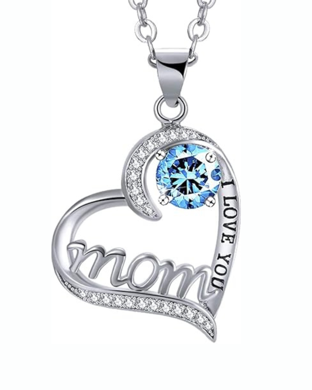 UEUC Silver Heart Necklace for Mom – “I Love You Mom” Birthstone Pendant with 18'' + 2'' Chain Gift