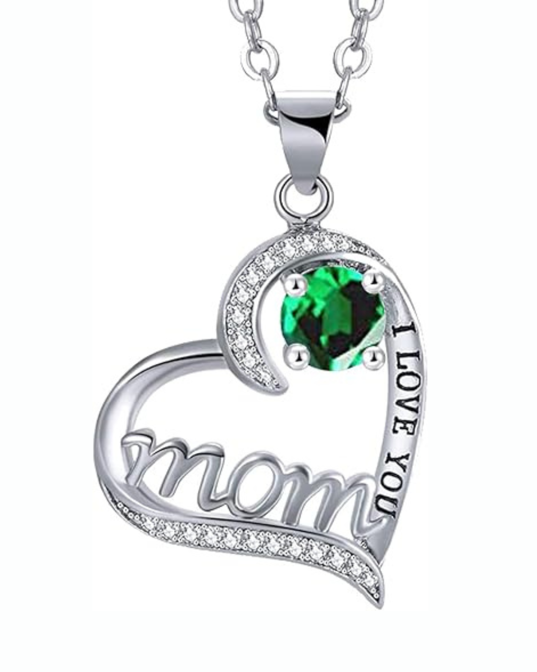 UEUC Silver Heart Necklace for Mom – “I Love You Mom” Birthstone Pendant with 18'' + 2'' Chain Gift