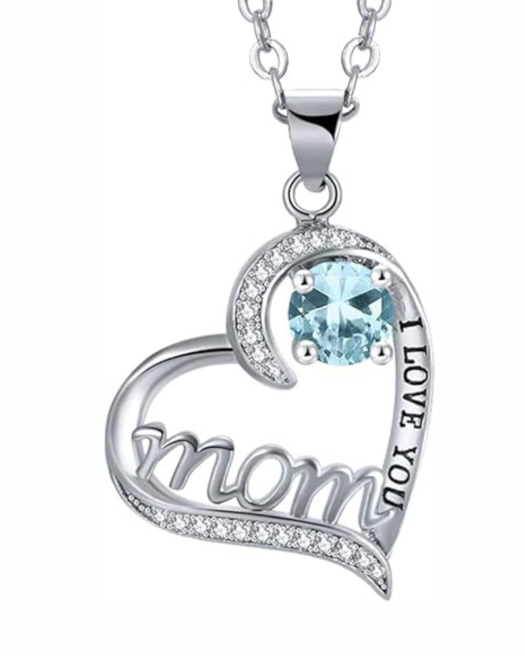 UEUC Silver Heart Necklace for Mom – “I Love You Mom” Birthstone Pendant with 18'' + 2'' Chain Gift