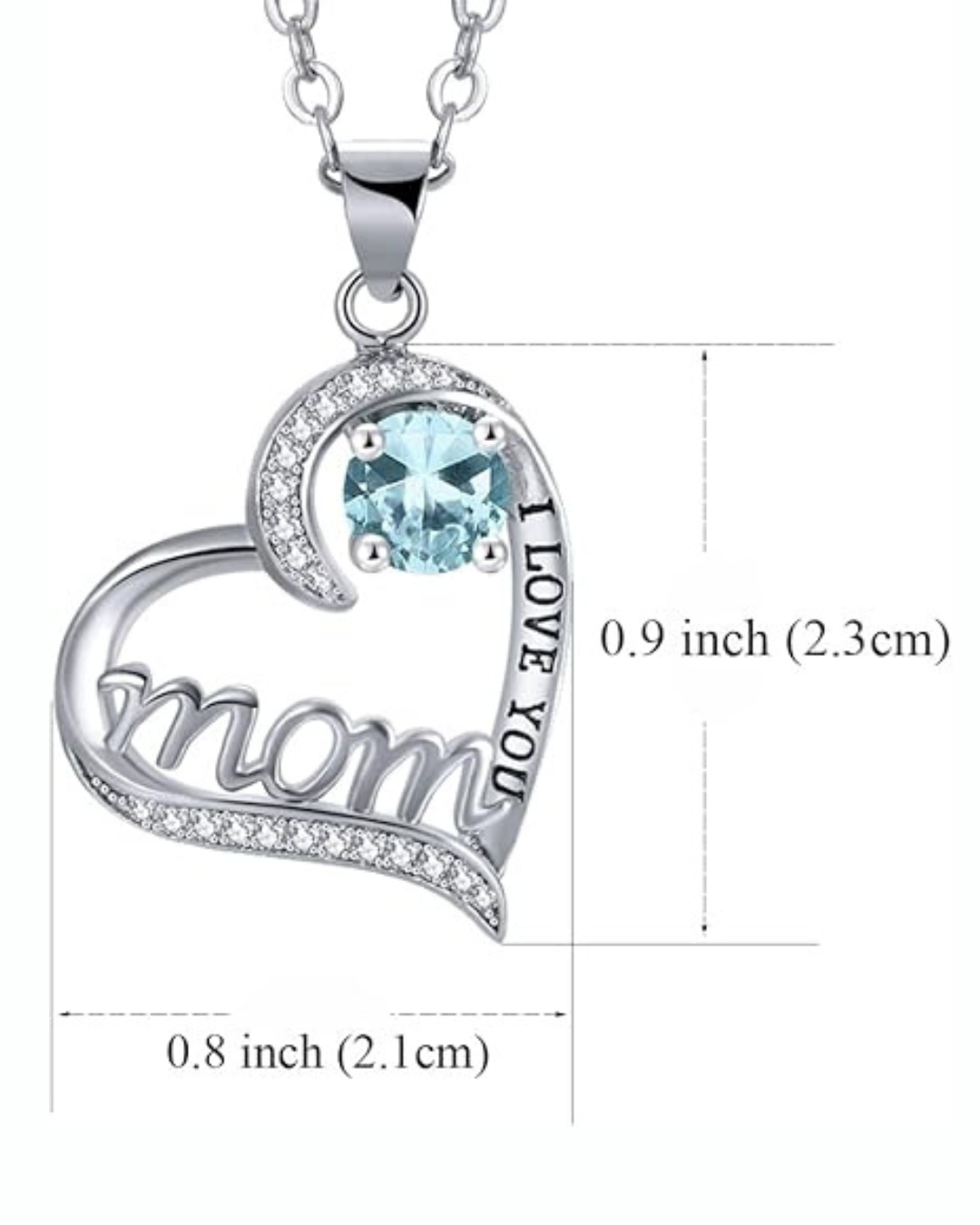 UEUC Silver Heart Necklace for Mom – “I Love You Mom” Birthstone Pendant with 18'' + 2'' Chain Gift