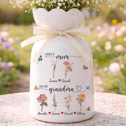 Personalized Mom’s Garden Birth Month Flower Vase with Photos, Custom Ceramic Family Flower Vase for Mom Nana Grandma, Kids Names Planter Pot Gift for Mother’s Day Birthday (First Now Garden)