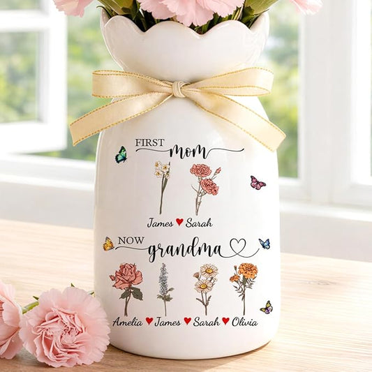Personalized Mom’s Garden Birth Month Flower Vase with Photos, Custom Ceramic Family Flower Vase for Mom Nana Grandma, Kids Names Planter Pot Gift for Mother’s Day Birthday (First Now Garden)