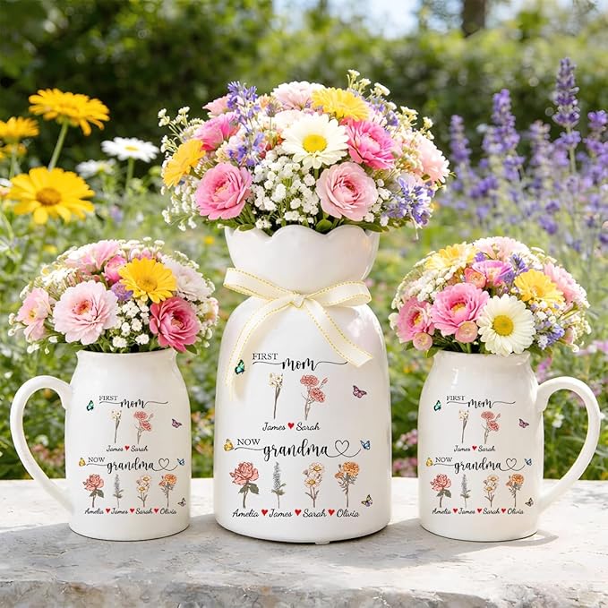 Personalized Mom’s Garden Birth Month Flower Vase with Photos, Custom Ceramic Family Flower Vase for Mom Nana Grandma, Kids Names Planter Pot Gift for Mother’s Day Birthday (First Now Garden)