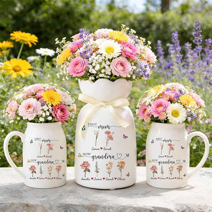 Personalized Mom’s Garden Birth Month Flower Vase with Photos, Custom Ceramic Family Flower Vase for Mom Nana Grandma, Kids Names Planter Pot Gift for Mother’s Day Birthday (First Now Garden)