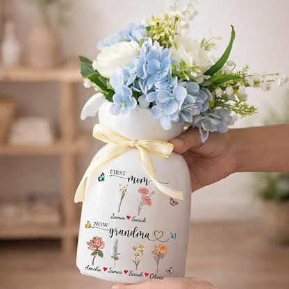 Personalized Mom’s Garden Birth Month Flower Vase with Photos, Custom Ceramic Family Flower Vase for Mom Nana Grandma, Kids Names Planter Pot Gift for Mother’s Day Birthday (First Now Garden)